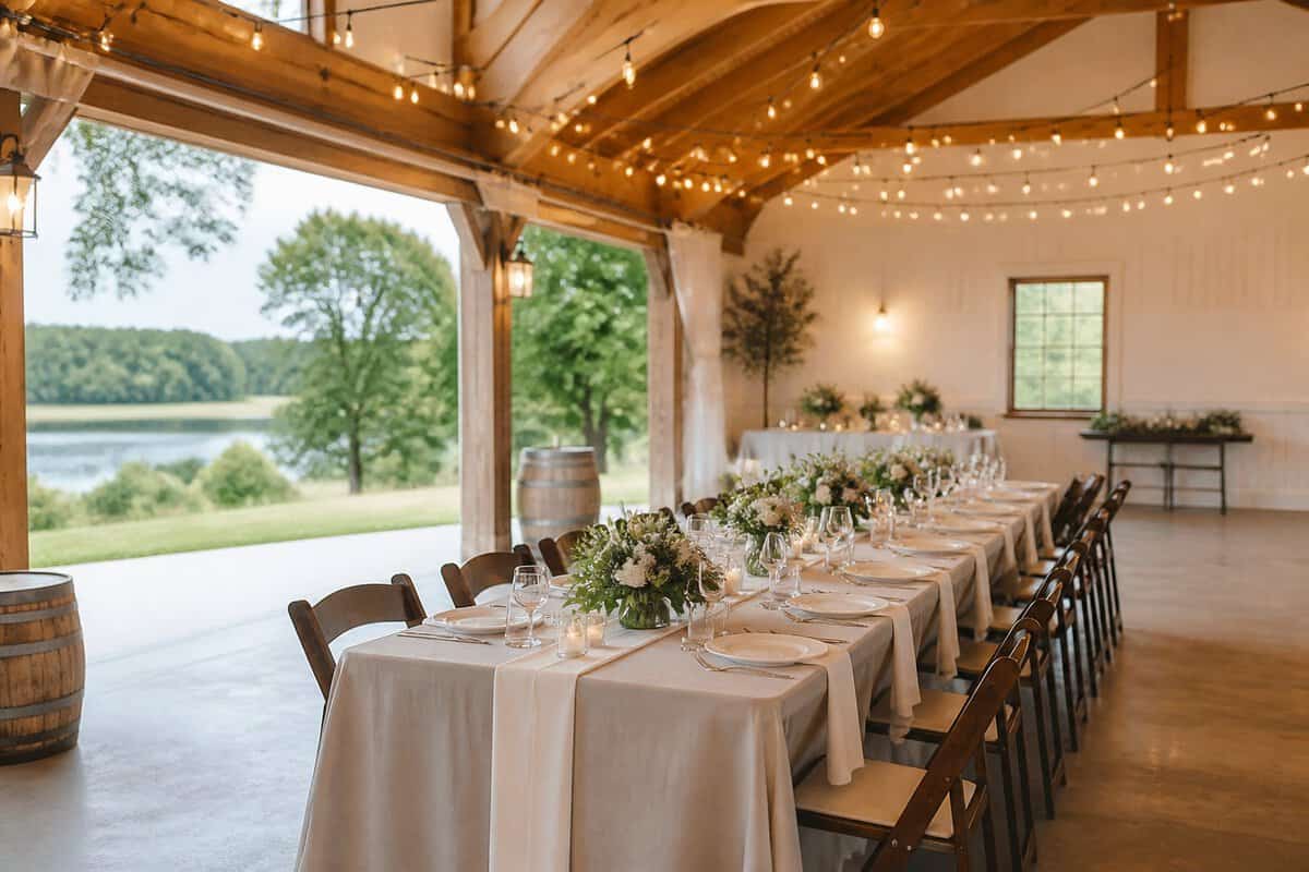 A modestly decorated wedding reception venue with tables, flowers, and warm lights in a scenic Ontario setting.