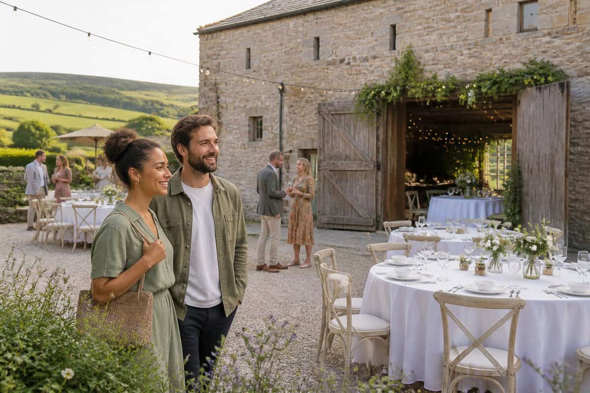A couple explores an affordable countryside wedding venue with simple decorations and seated guests.