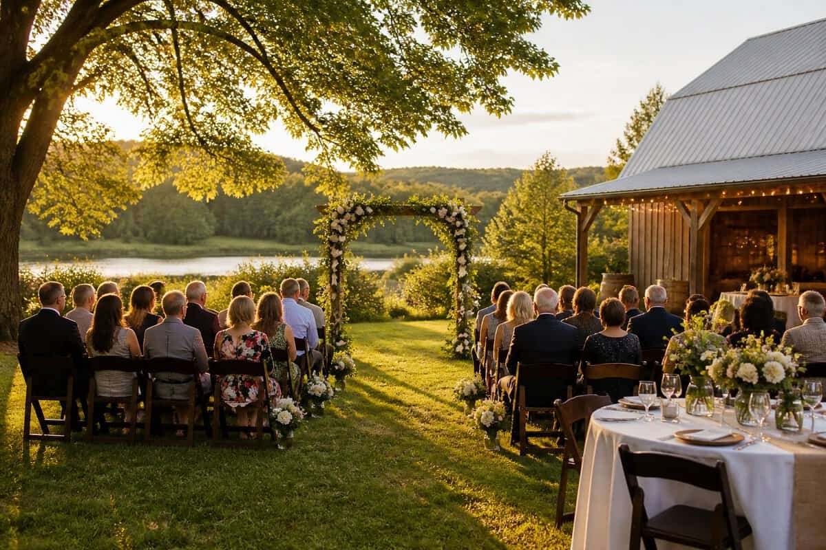 An intimate outdoor wedding ceremony at a charming Ontario venue with simple decorations, guest seating, and a scenic natural background.
