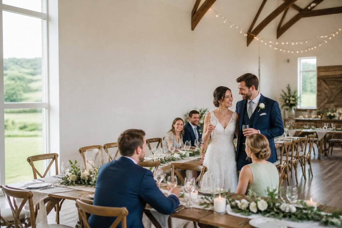 A newlywed couple and guests celebrate at an elegant, modest wedding venue with simple floral decorations and wooden tables.