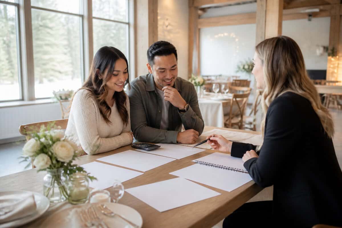 A couple compares wedding planning materials with a venue coordinator at a bright reception venue.