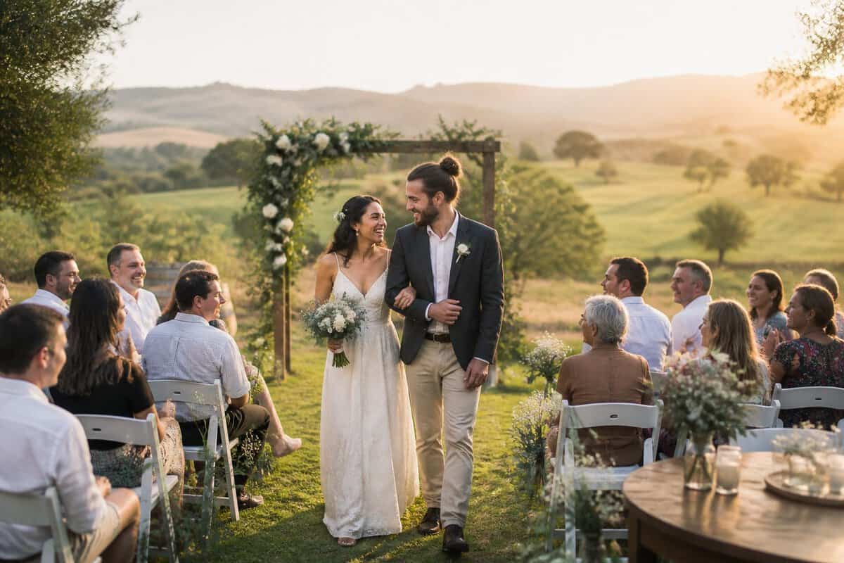 A couple celebrates their wedding at a simple outdoor ceremony surrounded by guests and natural Australian scenery.