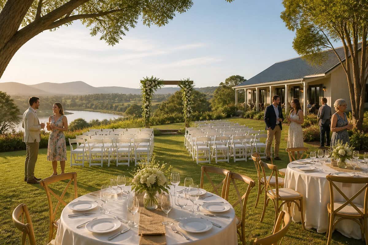 A charming affordable wedding venue with simple decorations in a scenic New South Wales countryside setting.