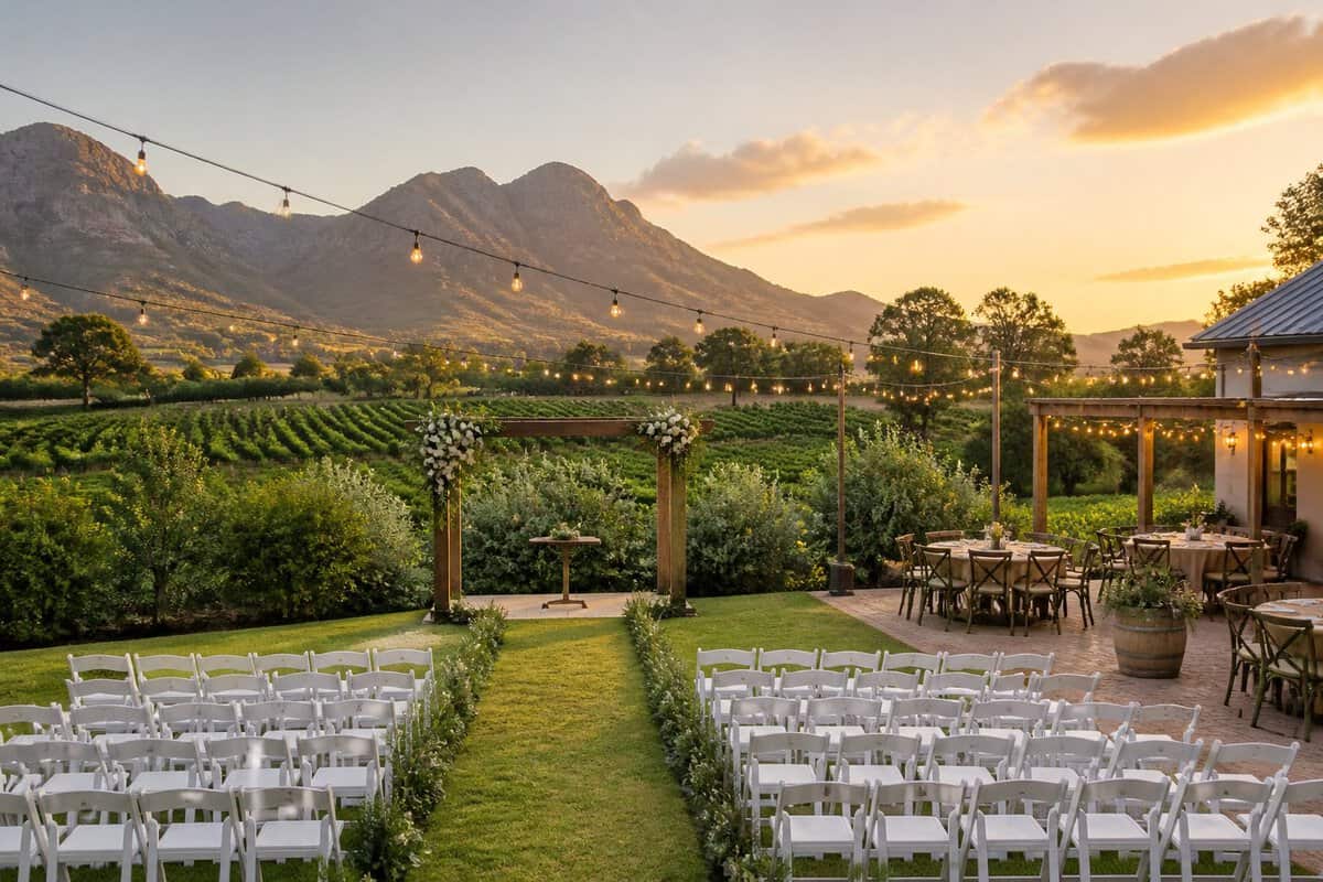 A charming outdoor wedding venue with simple decorations, vineyard hills, and Paarl mountain scenery in the background.