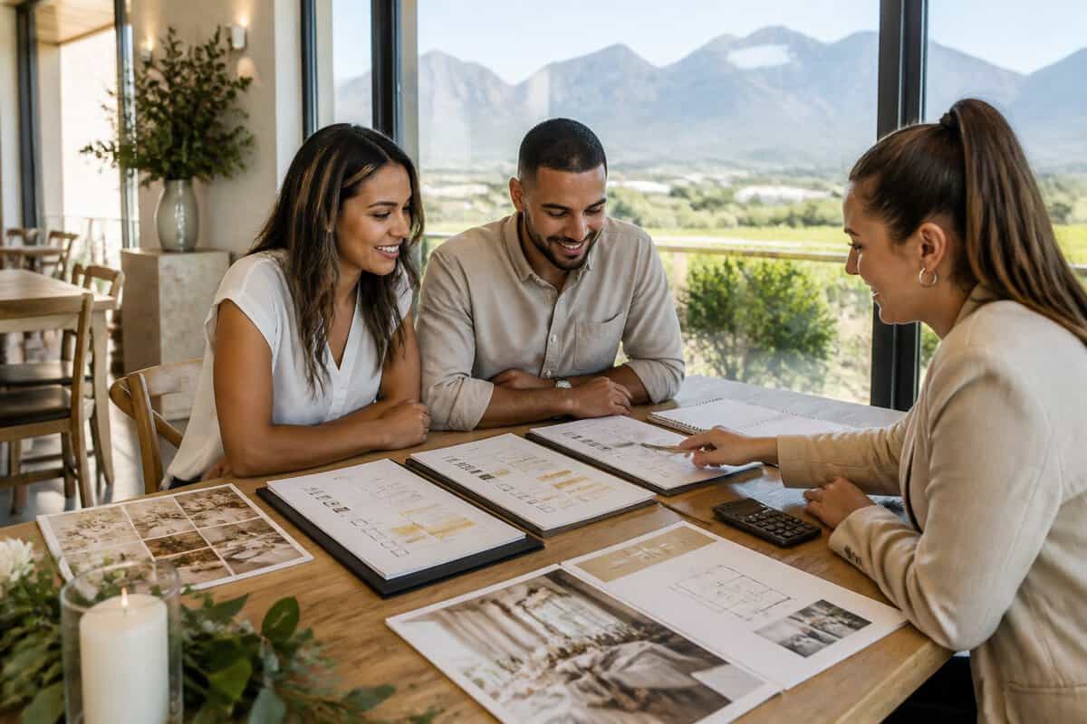 A couple compares wedding venue packages with a coordinator at a table overlooking Paarl vineyards.