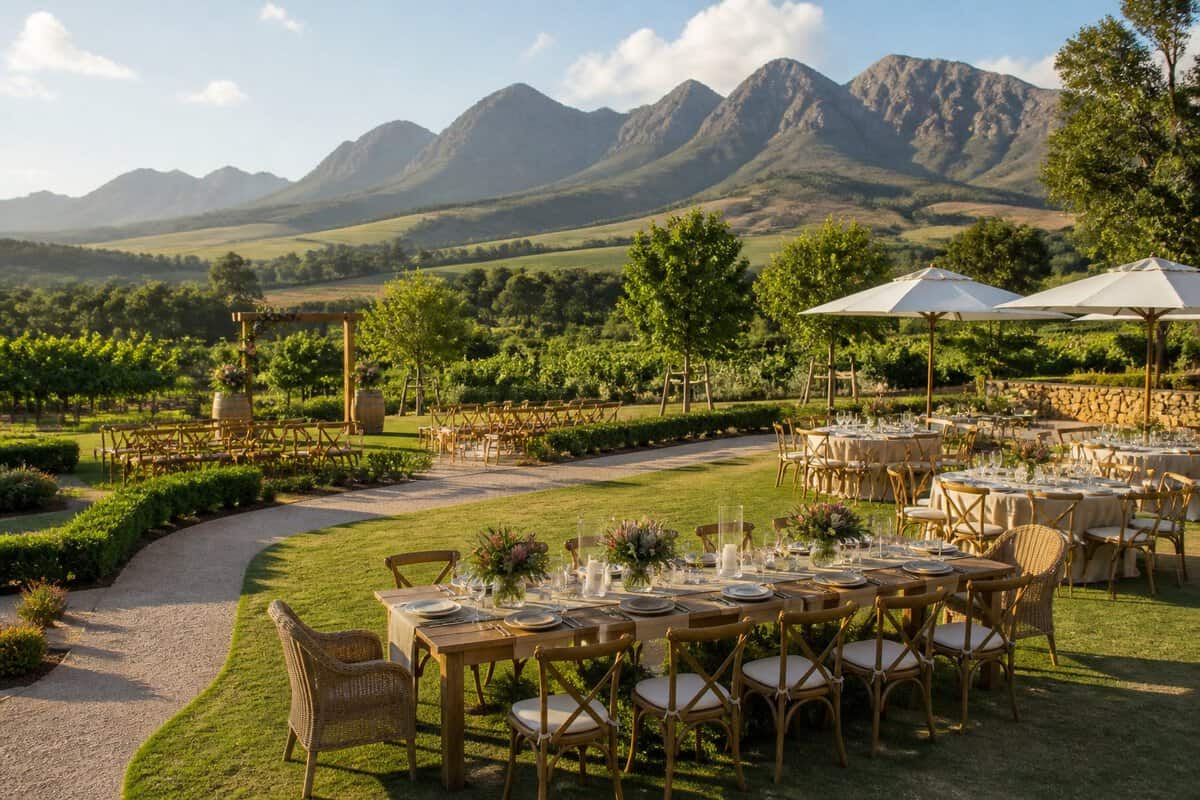 An outdoor wedding reception set up at a scenic vineyard venue with mountains in the background.