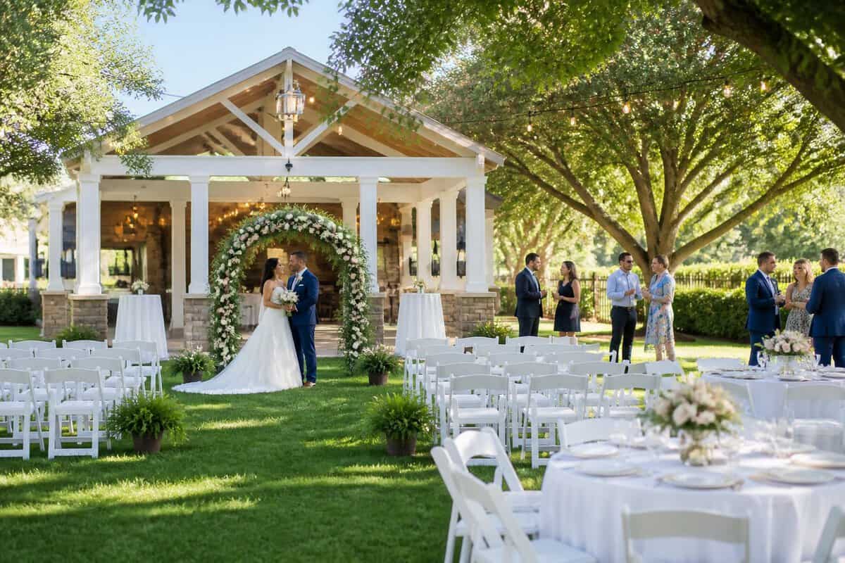 A couple celebrates their wedding at a charming outdoor venue with white chairs, floral decor, and guests nearby.