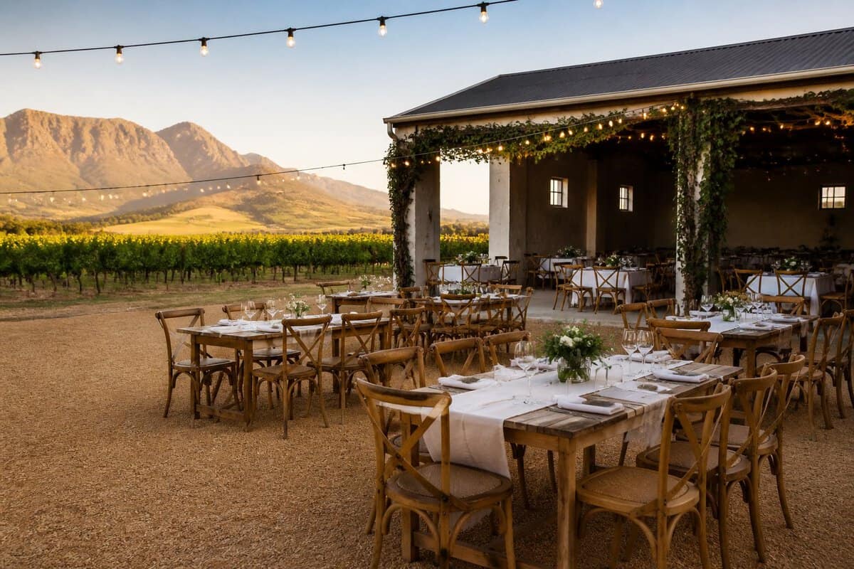 An affordable wedding venue in the Paarl Winelands with simple reception tables, vineyard views, and mountains in the background.