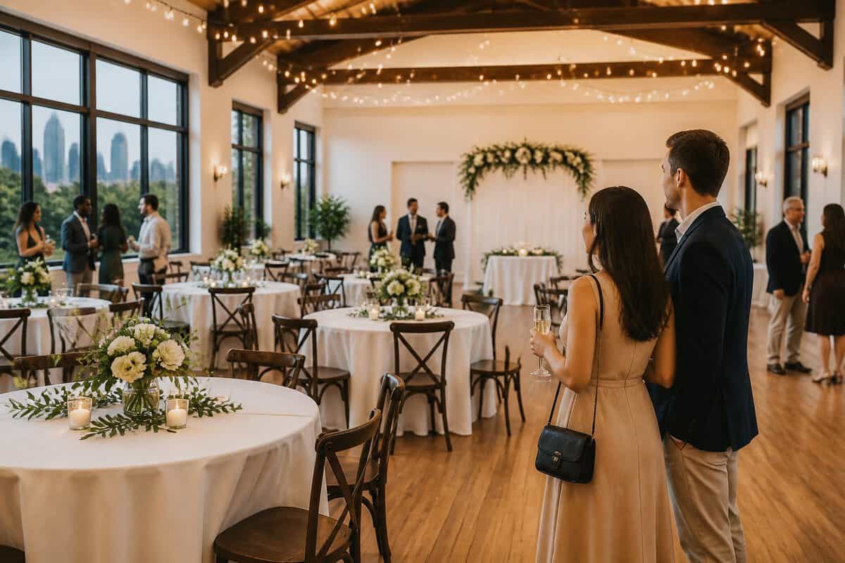 A couple explores a warmly decorated, affordable wedding venue with simple tables, greenery, and string lights.