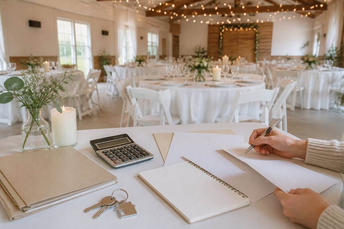 A modest wedding reception venue with simple decorations and a table holding a calculator, blank papers, and venue keys.