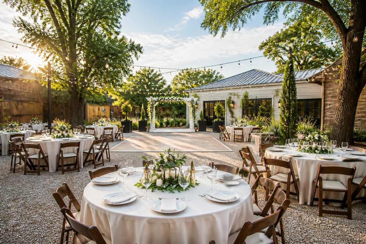 A modest outdoor wedding venue with tables, chairs, flowers, and string lights.