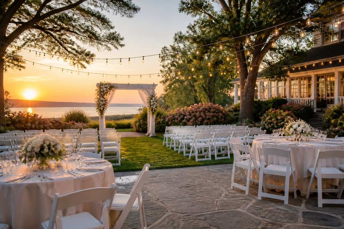 An elegant outdoor wedding setup with white chairs, simple floral decorations, and tables at a landscaped coastal venue.
