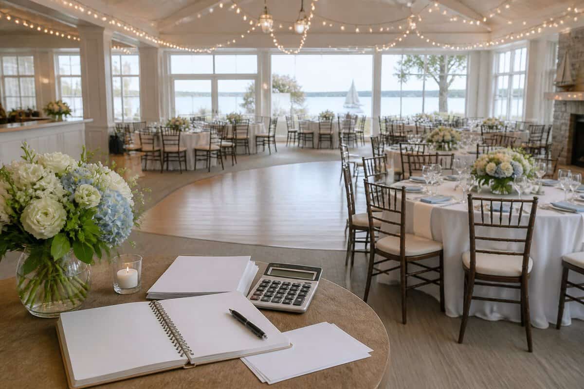 A modest coastal wedding reception venue with simple decorations and a budgeting notebook on a nearby table.
