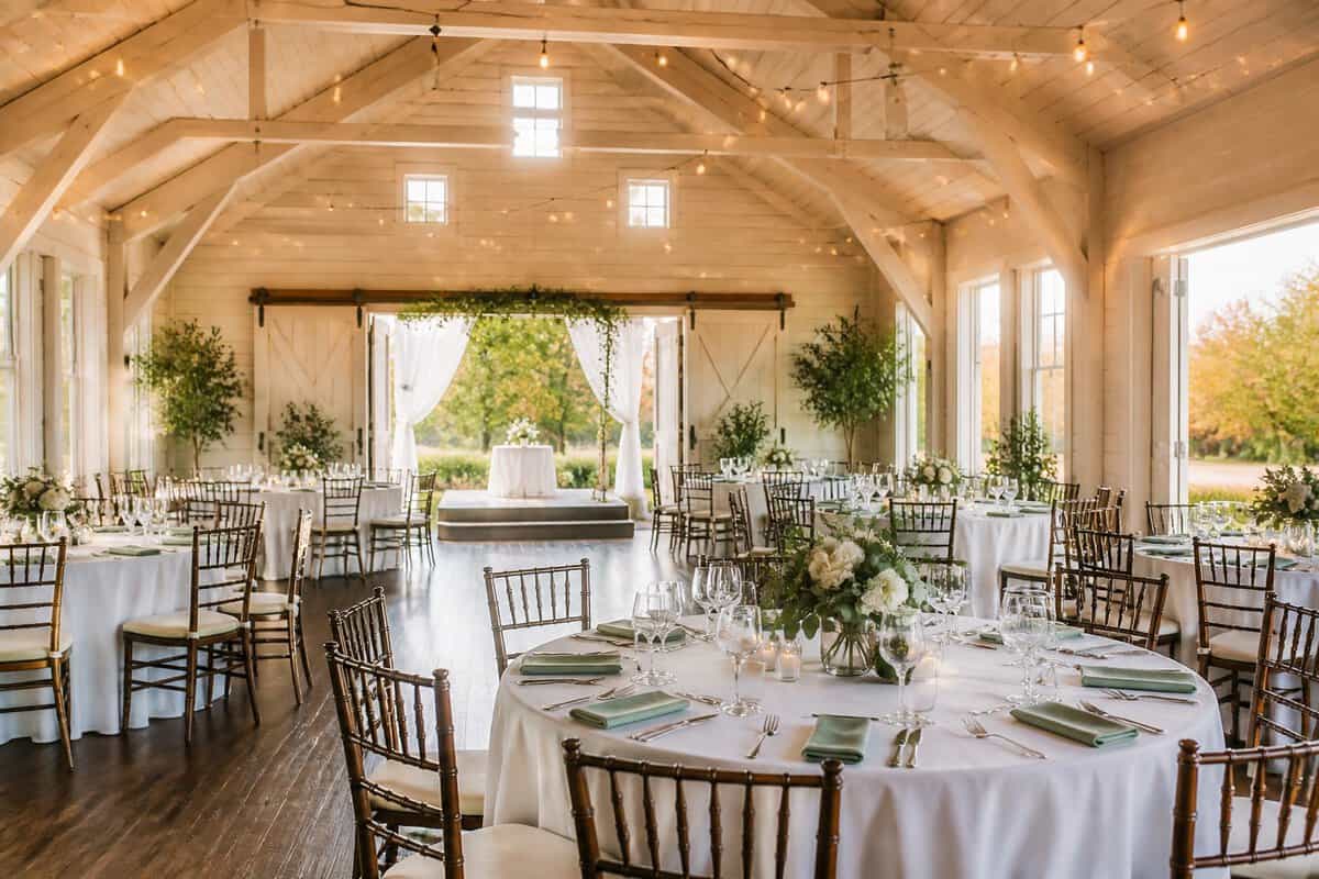 A tastefully decorated wedding reception in a charming Long Island venue with simple floral centerpieces and warm string lights.
