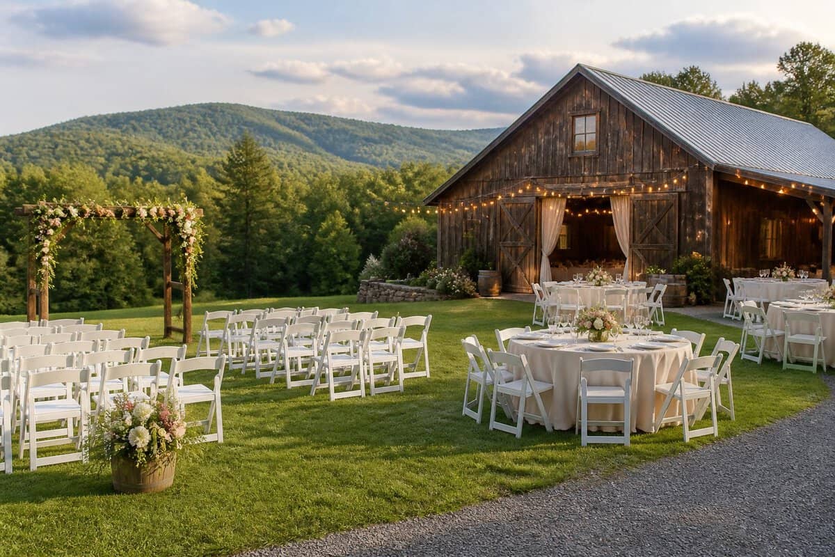 A charming wedding venue with simple outdoor ceremony seating, floral decorations, and mountain scenery in the Pocono Mountains.