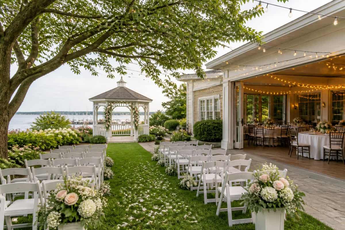 An elegant outdoor wedding venue with simple decorations, garden seating, and a reception area near the Long Island coast.