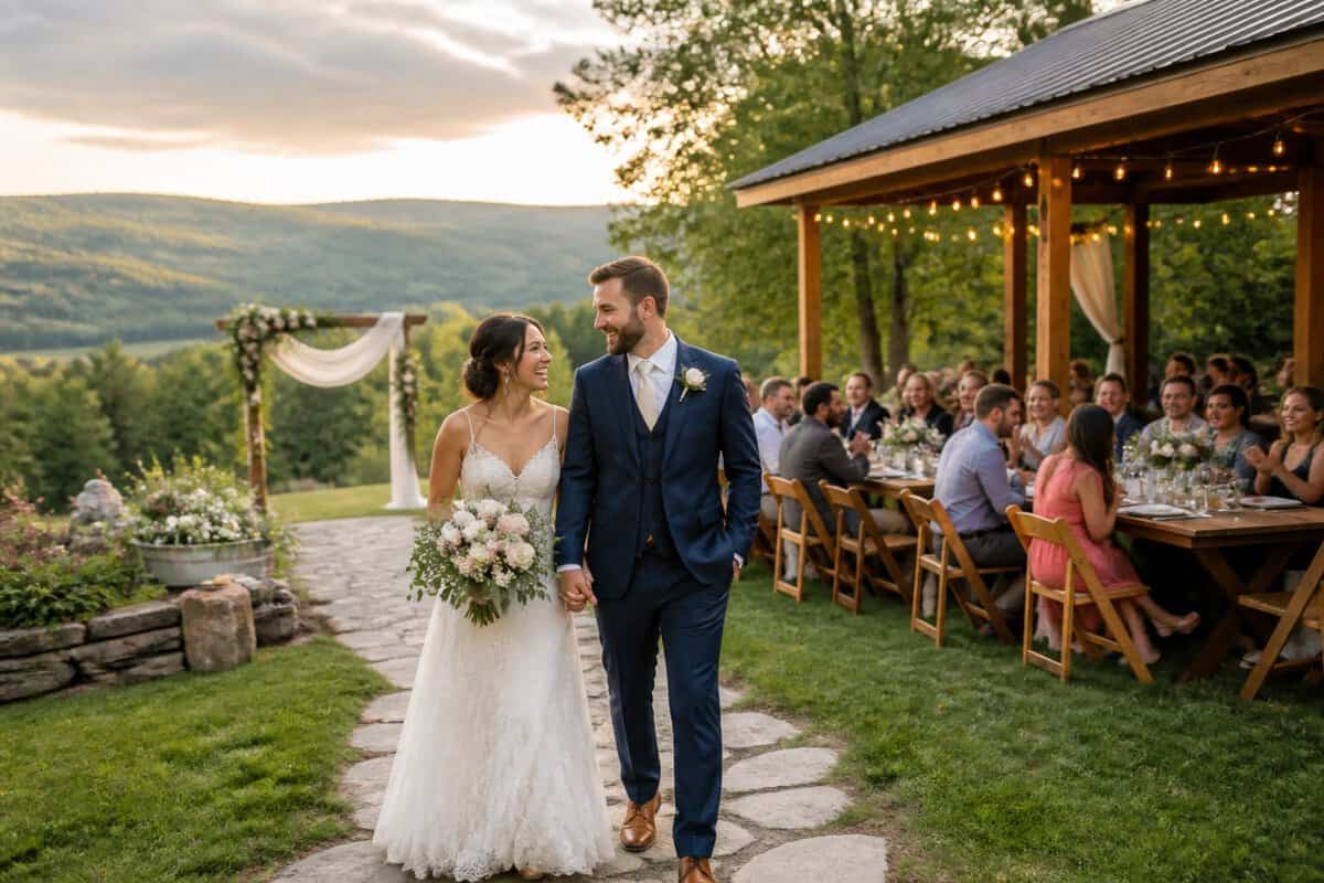 A newlywed couple celebrates with guests at a modest outdoor wedding venue surrounded by Pocono Mountain scenery.
