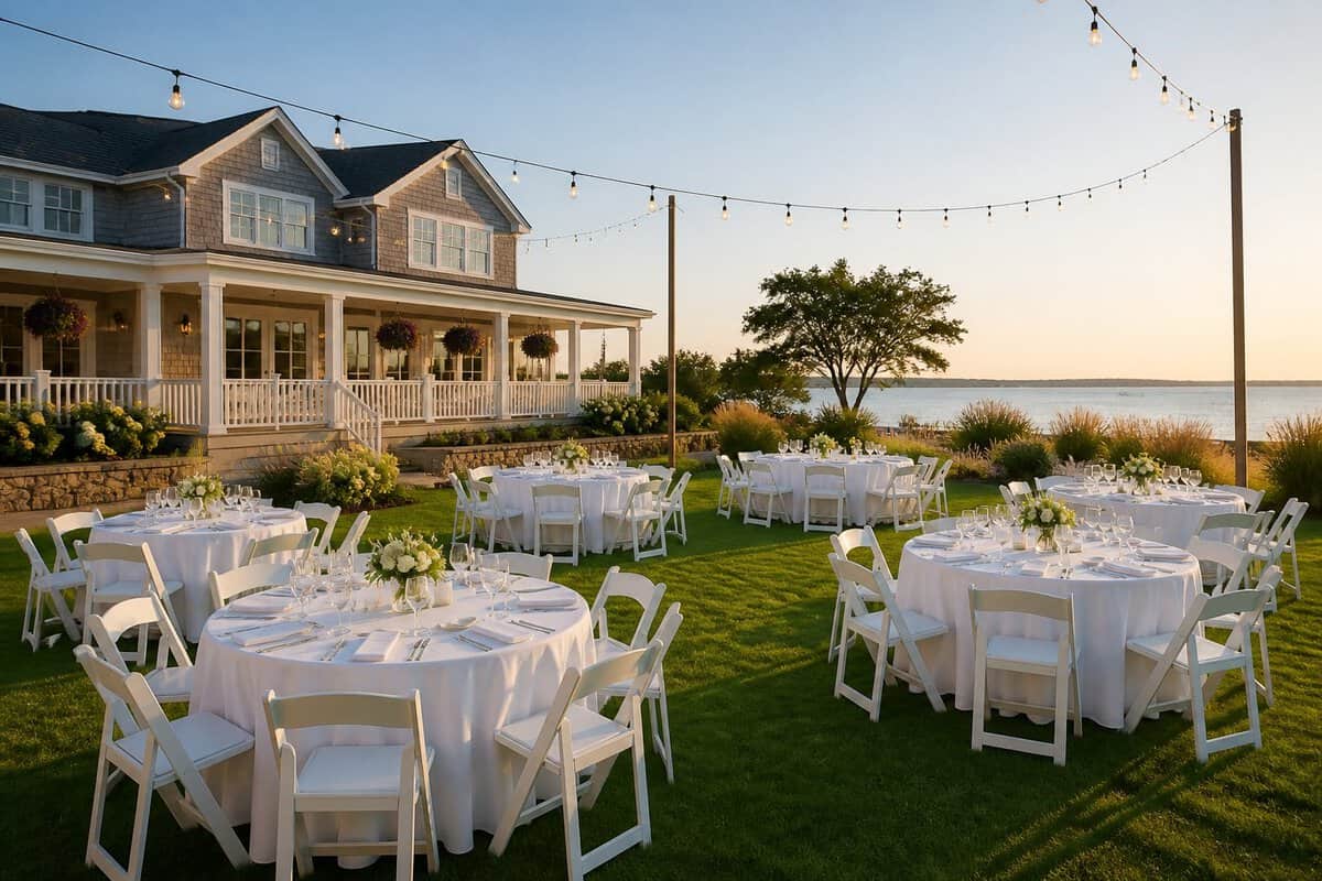 An elegant outdoor wedding venue with decorated tables, string lights, and landscaped grounds.