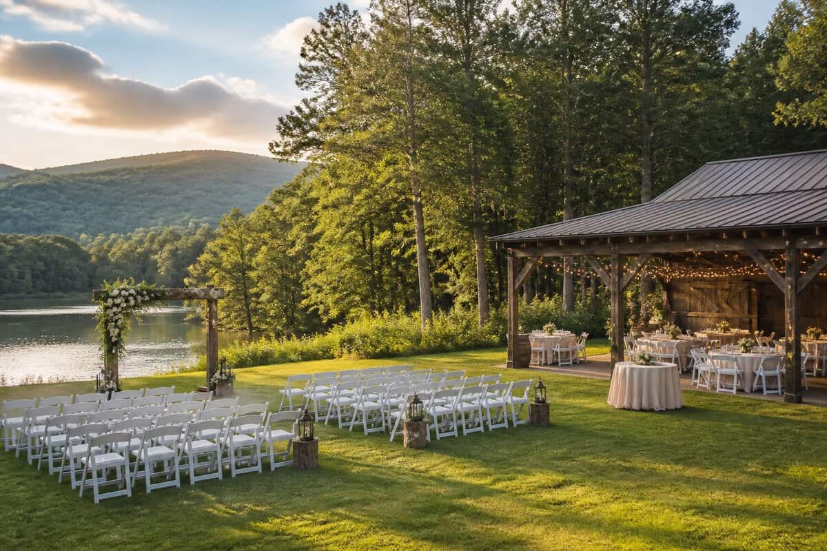 An outdoor wedding ceremony setup in a scenic mountain meadow beside a rustic pavilion.