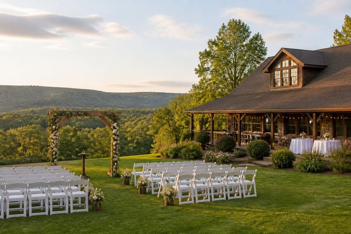 A modest wedding venue with outdoor seating and a wooden arbor surrounded by the Pocono Mountains.