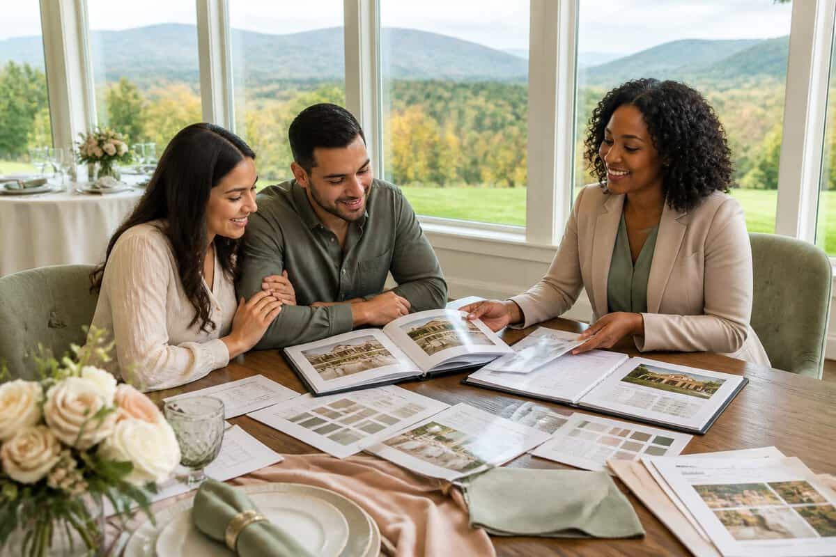 A couple compares wedding venue package materials with a coordinator in a bright room overlooking the Pocono Mountains.