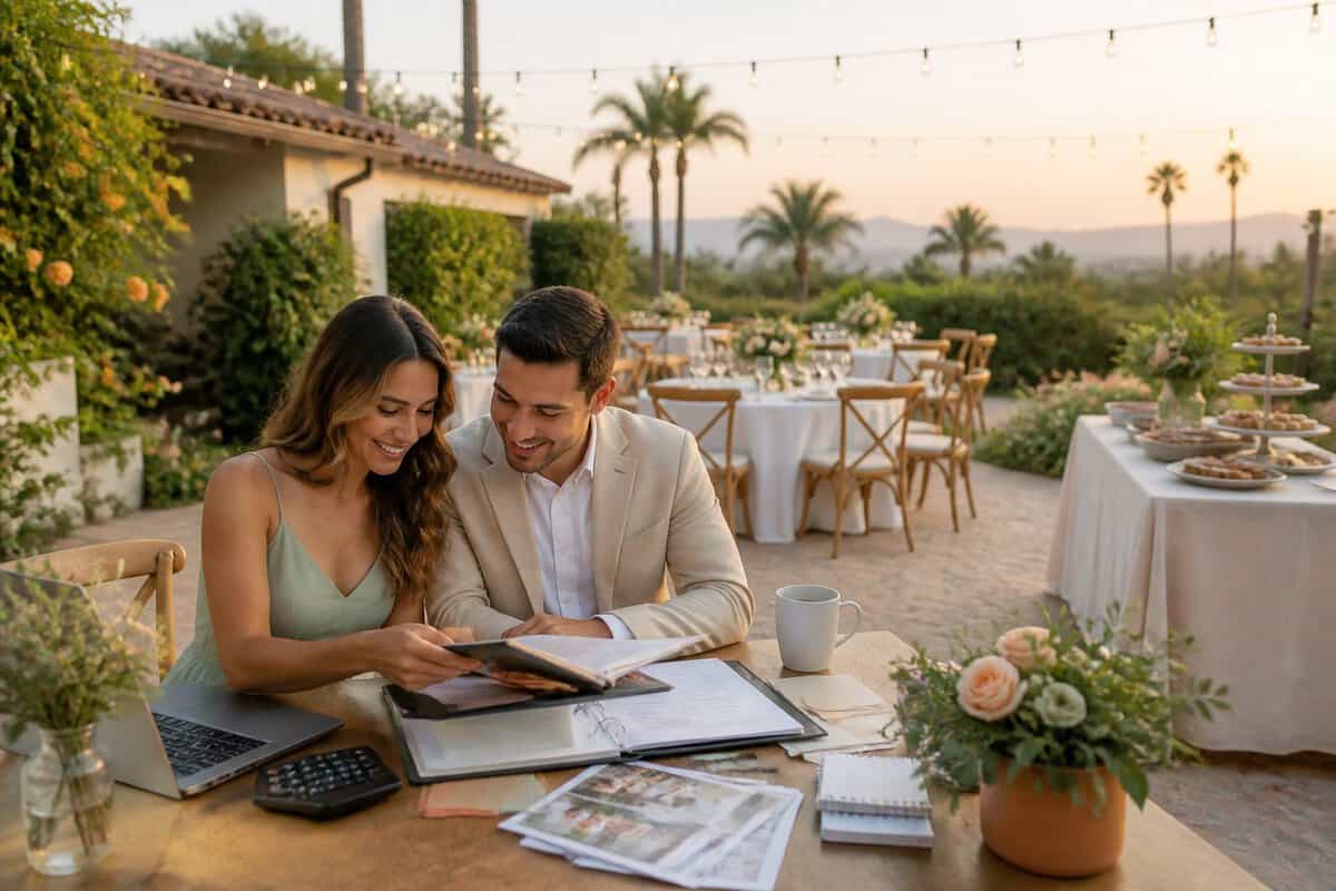 A couple reviews wedding expenses beside a simply decorated outdoor reception venue in Orange County.