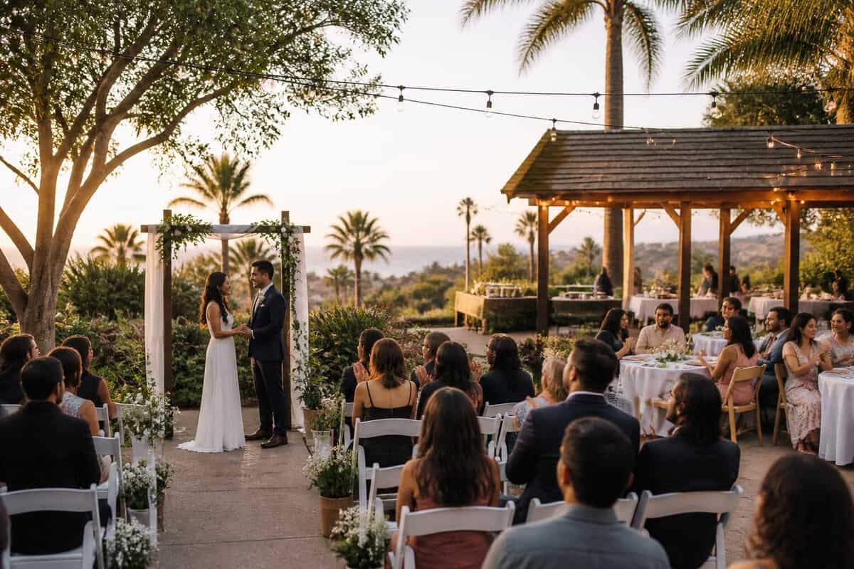 A couple and guests celebrate at an intimate outdoor wedding venue with simple decorations, garden greenery, and palm trees.