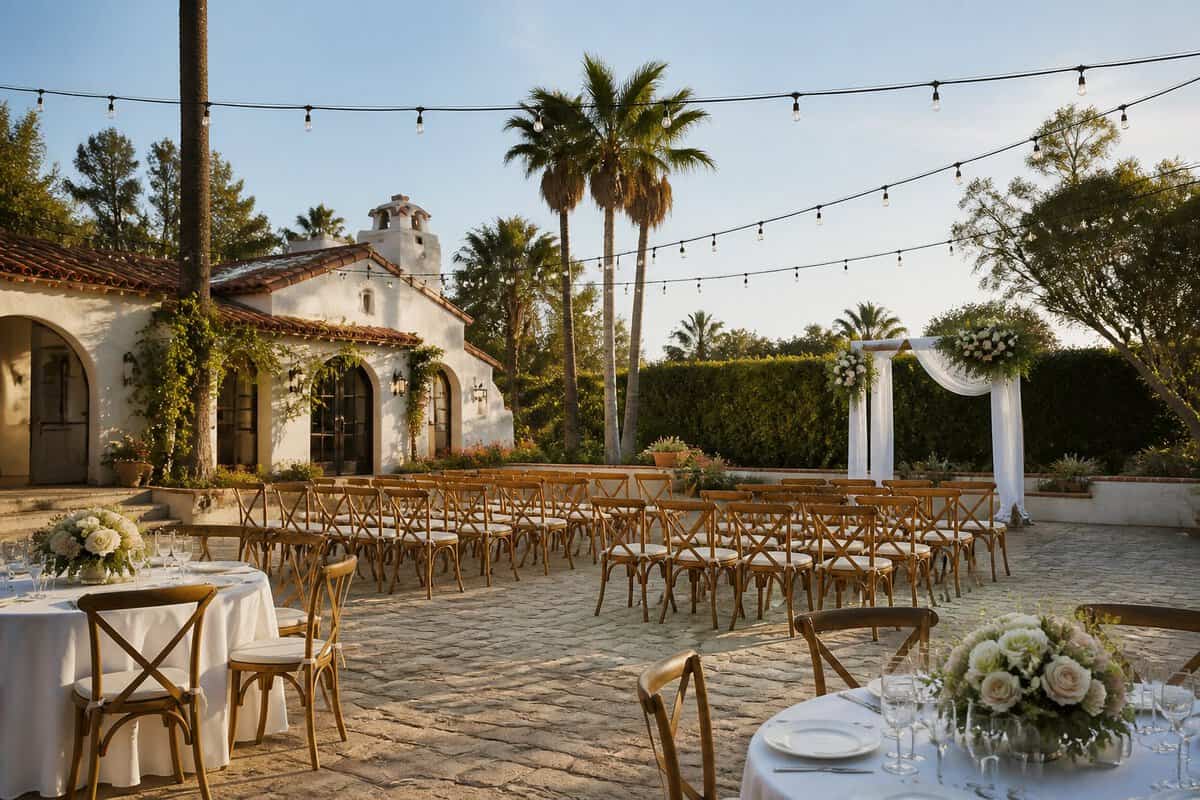 An elegant outdoor wedding venue with garden seating, floral decorations, string lights, and palm trees.