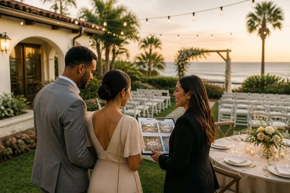 A couple reviews wedding venue options with a planner at an elegant outdoor ceremony setting.