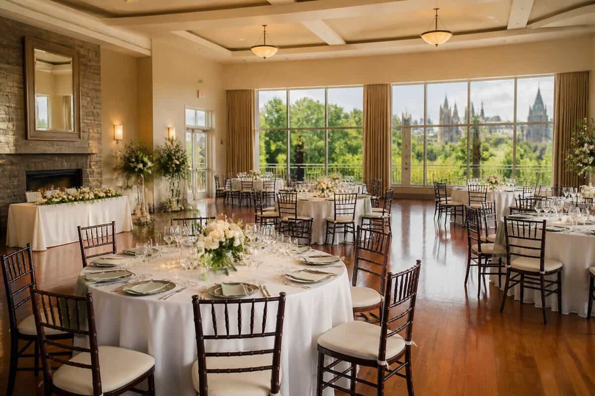 A bright, welcoming wedding reception venue with simple floral centerpieces and tables arranged near large windows.