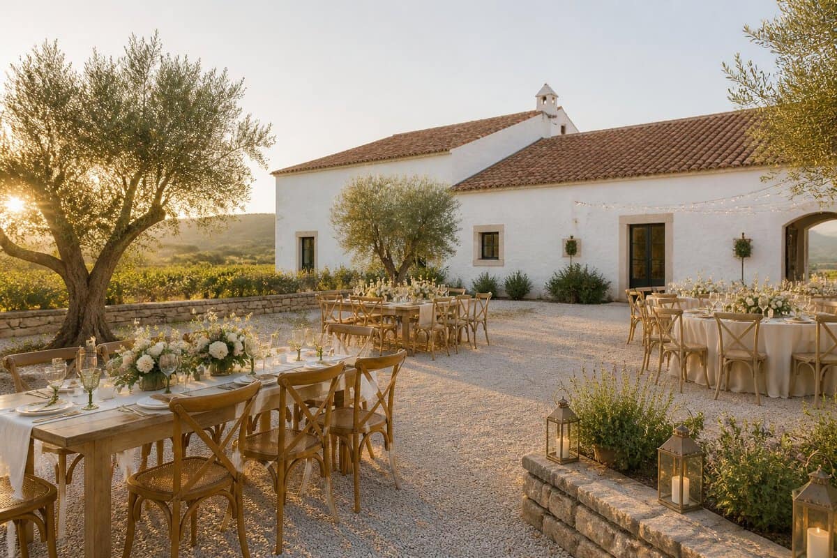 A modest outdoor wedding setup at a charming Portuguese countryside venue.