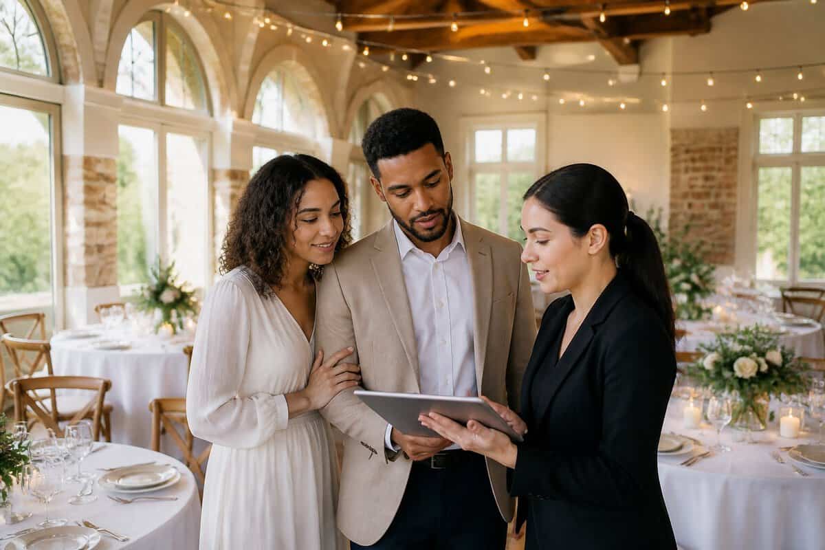A couple and venue coordinator review wedding planning details in a warmly decorated reception venue.
