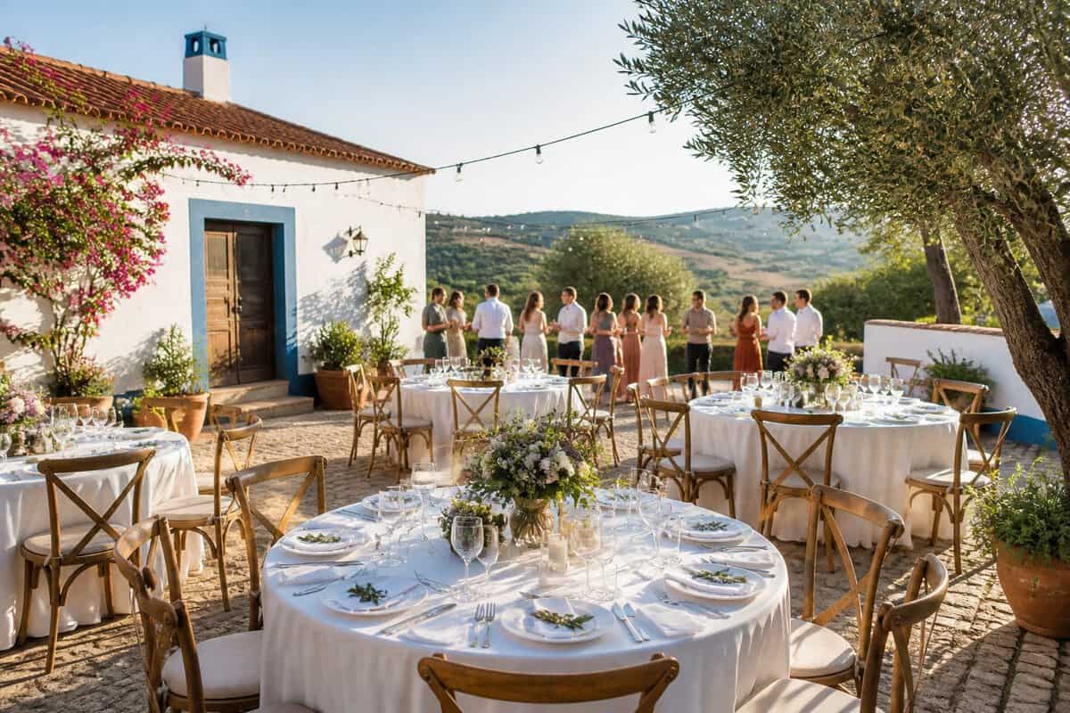 An elegant outdoor wedding reception at a sunlit Portuguese countryside venue with simple tables, greenery, and guests mingling.