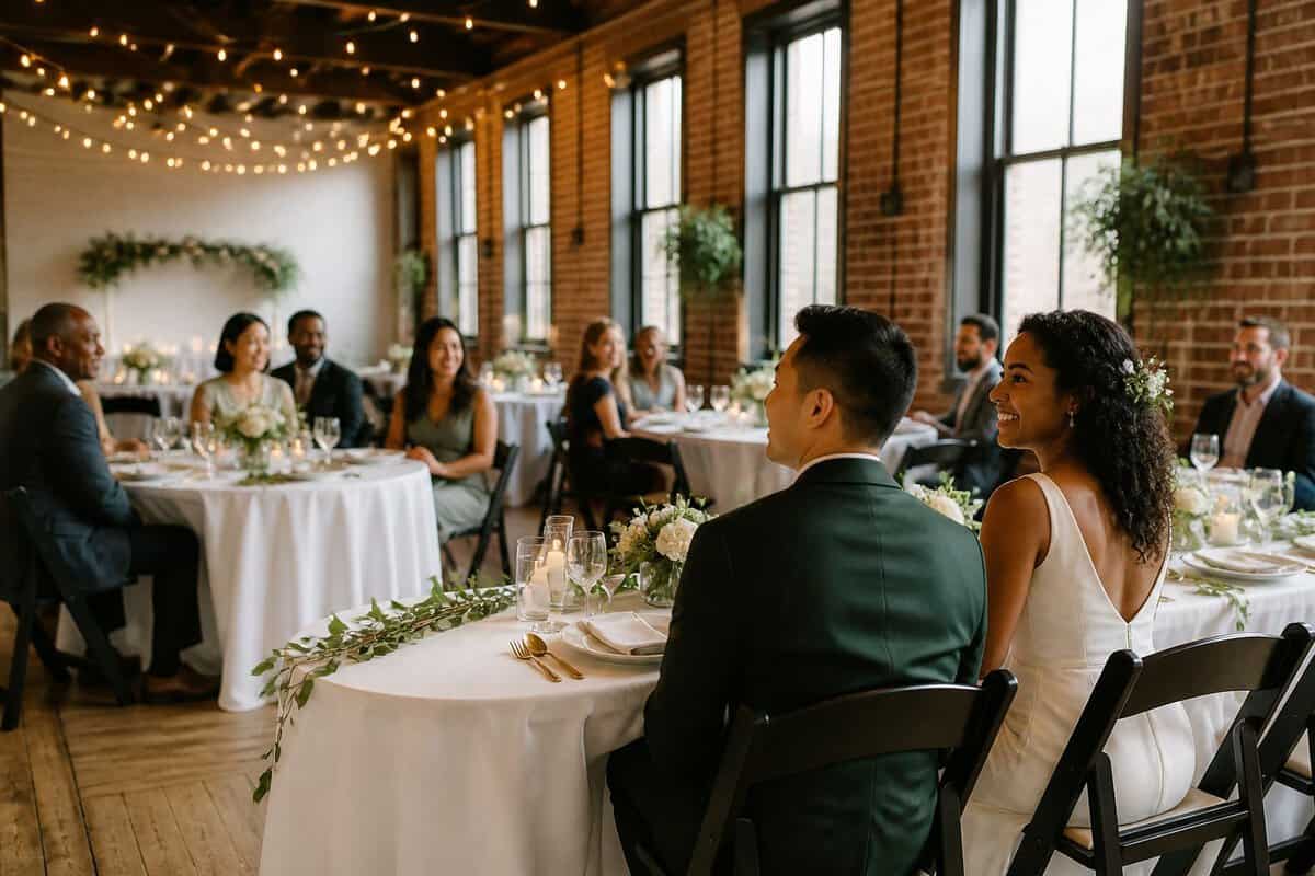 A couple and guests celebrate at an elegantly decorated, budget-friendly wedding venue in Ottawa.