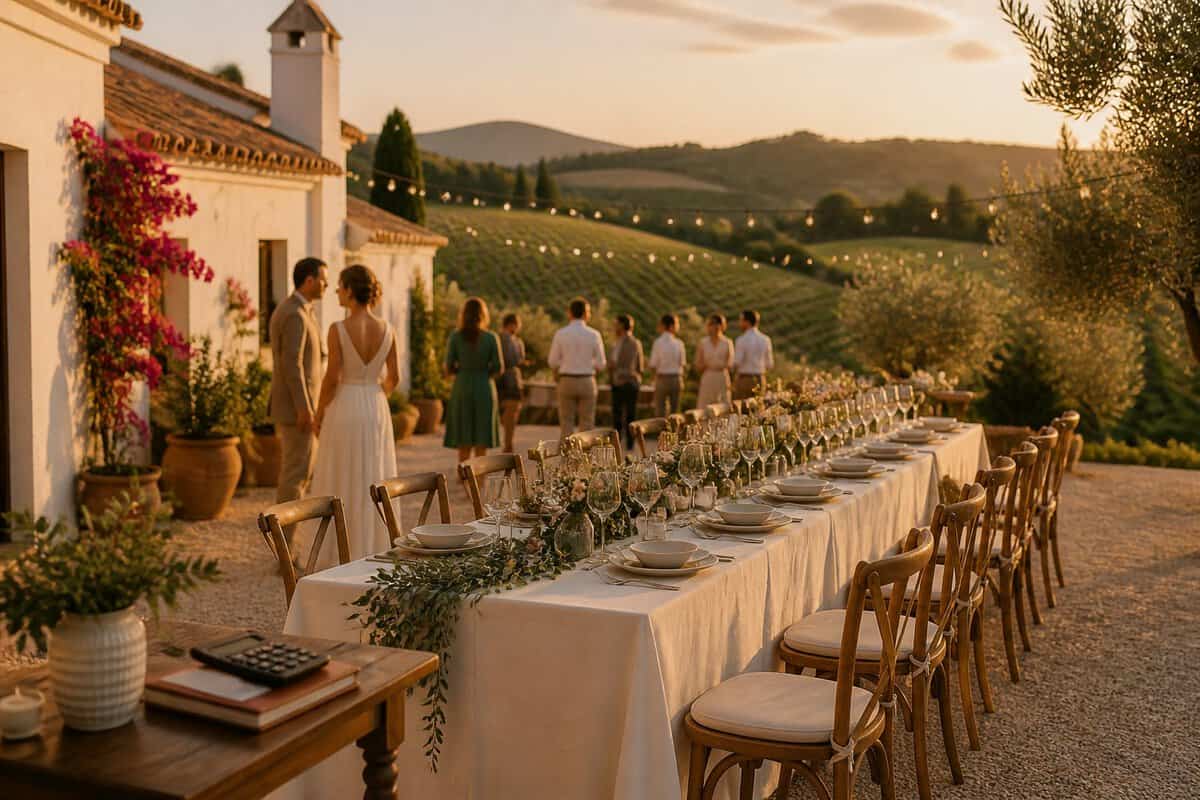An intimate wedding reception at a charming Portuguese countryside venue with simple floral decorations and warm evening light.
