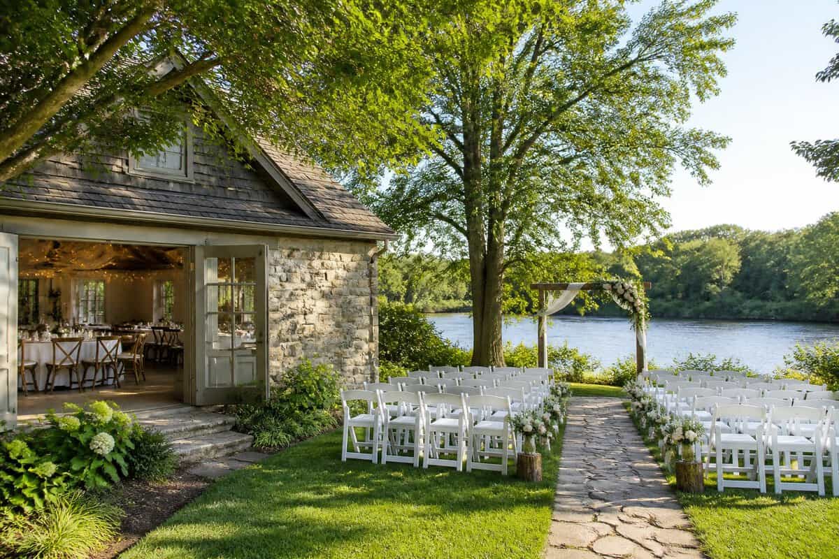 A modest wedding venue near Ottawa with simple outdoor ceremony seating, floral decorations, and landscaped grounds.
