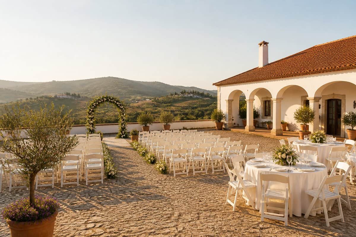 An elegant, simple wedding setup outside a charming Portuguese countryside venue.