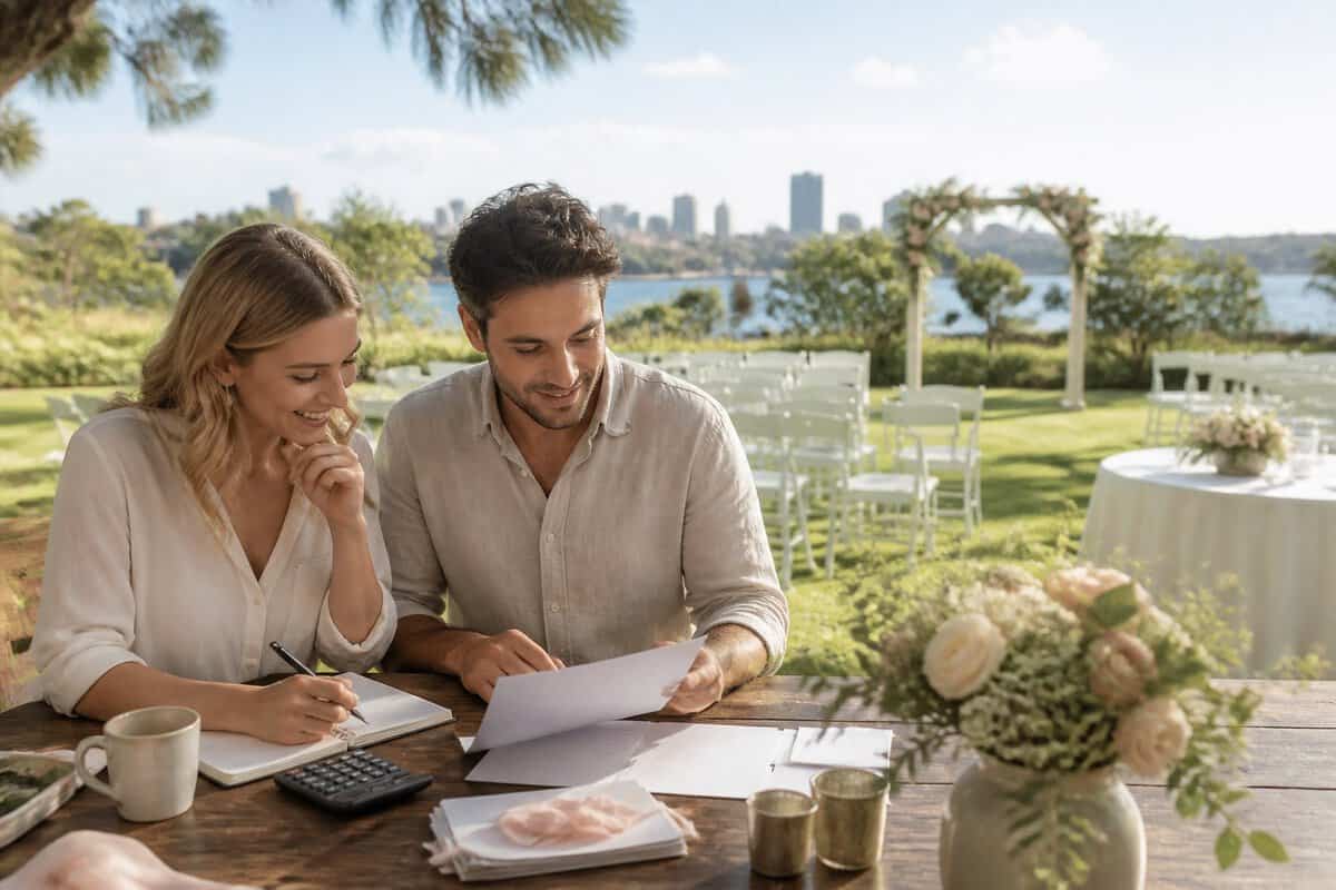 A couple reviews wedding planning materials at a table overlooking an elegant outdoor wedding venue in Perth.