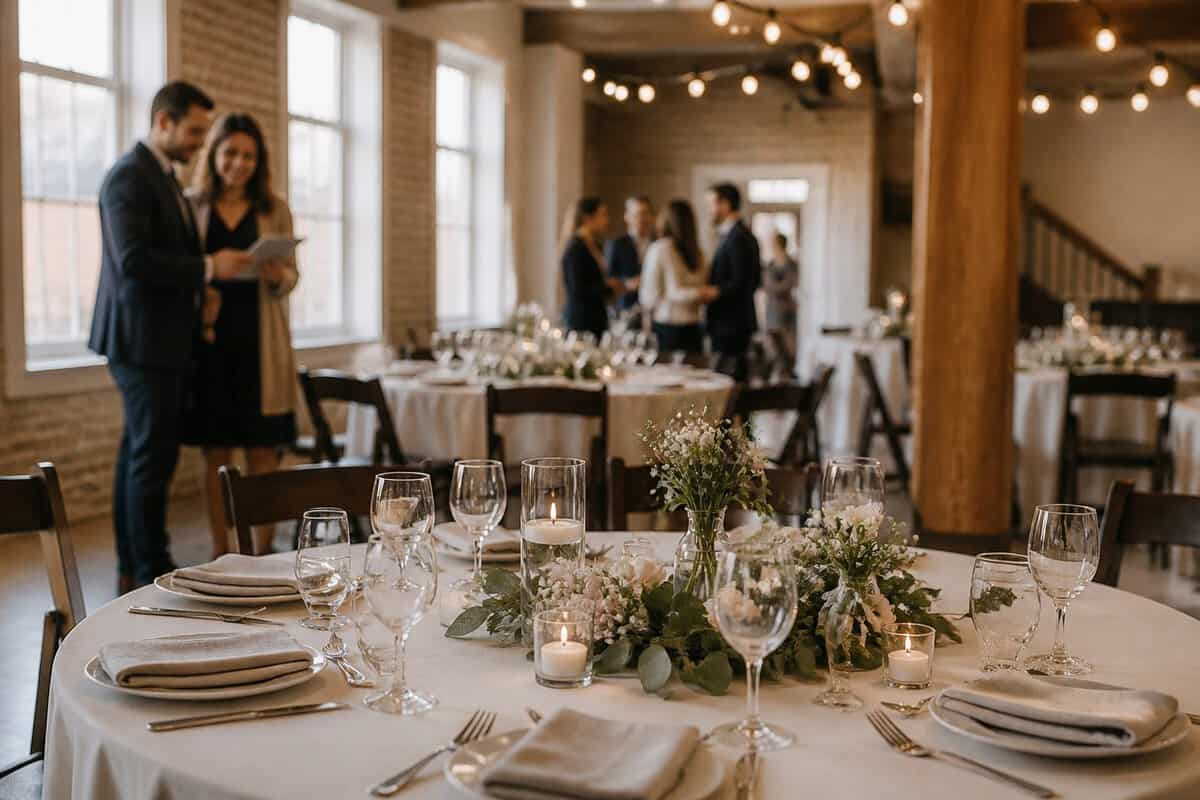 A couple reviews an affordable wedding reception setup in a bright, modest venue.