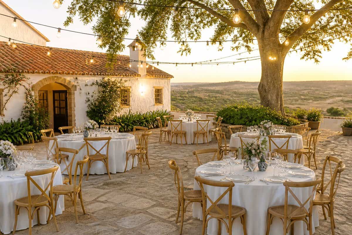 An intimate outdoor wedding reception at a charming Portuguese countryside venue.