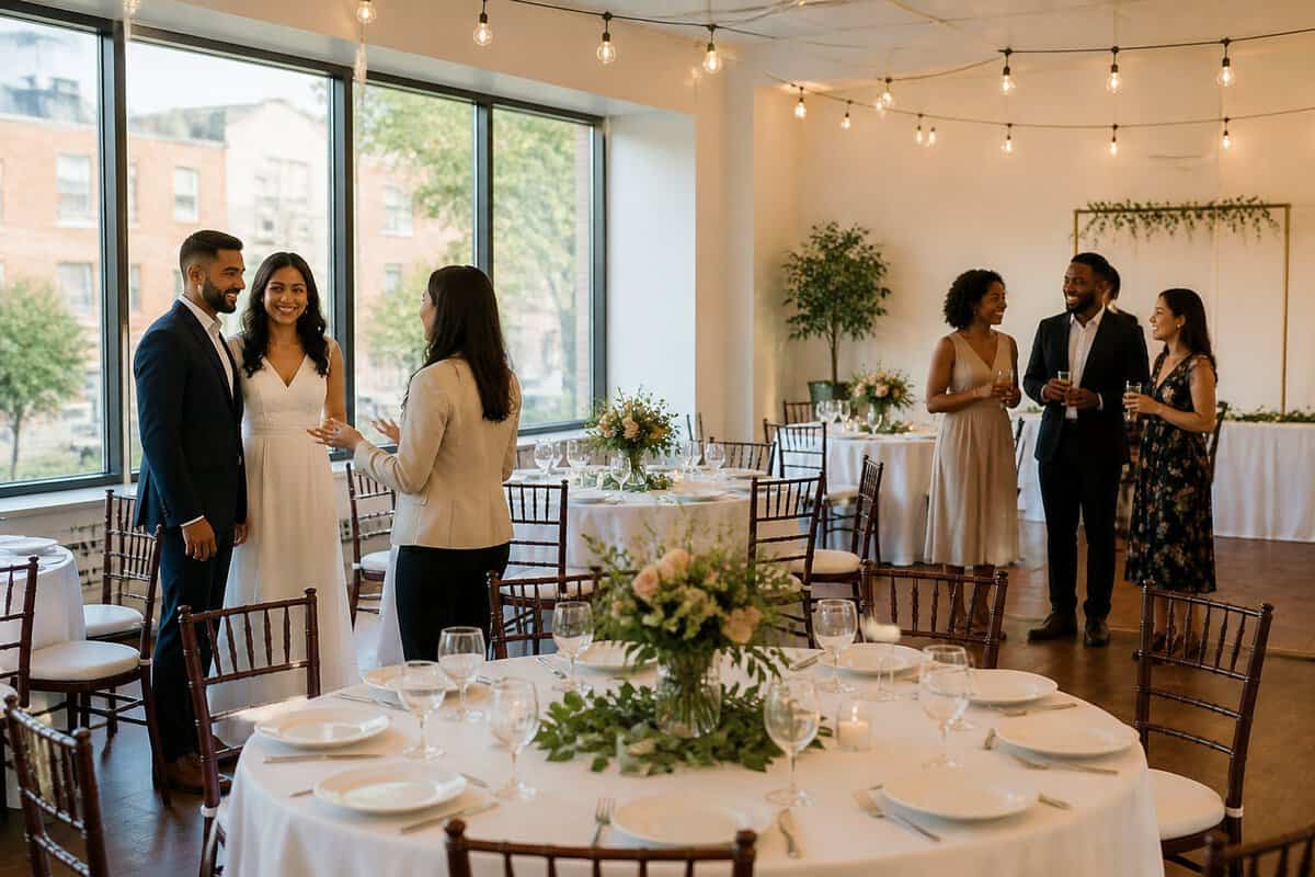A couple and guests gather in an affordable Queens wedding venue with simple decorations and warmly lit tables.