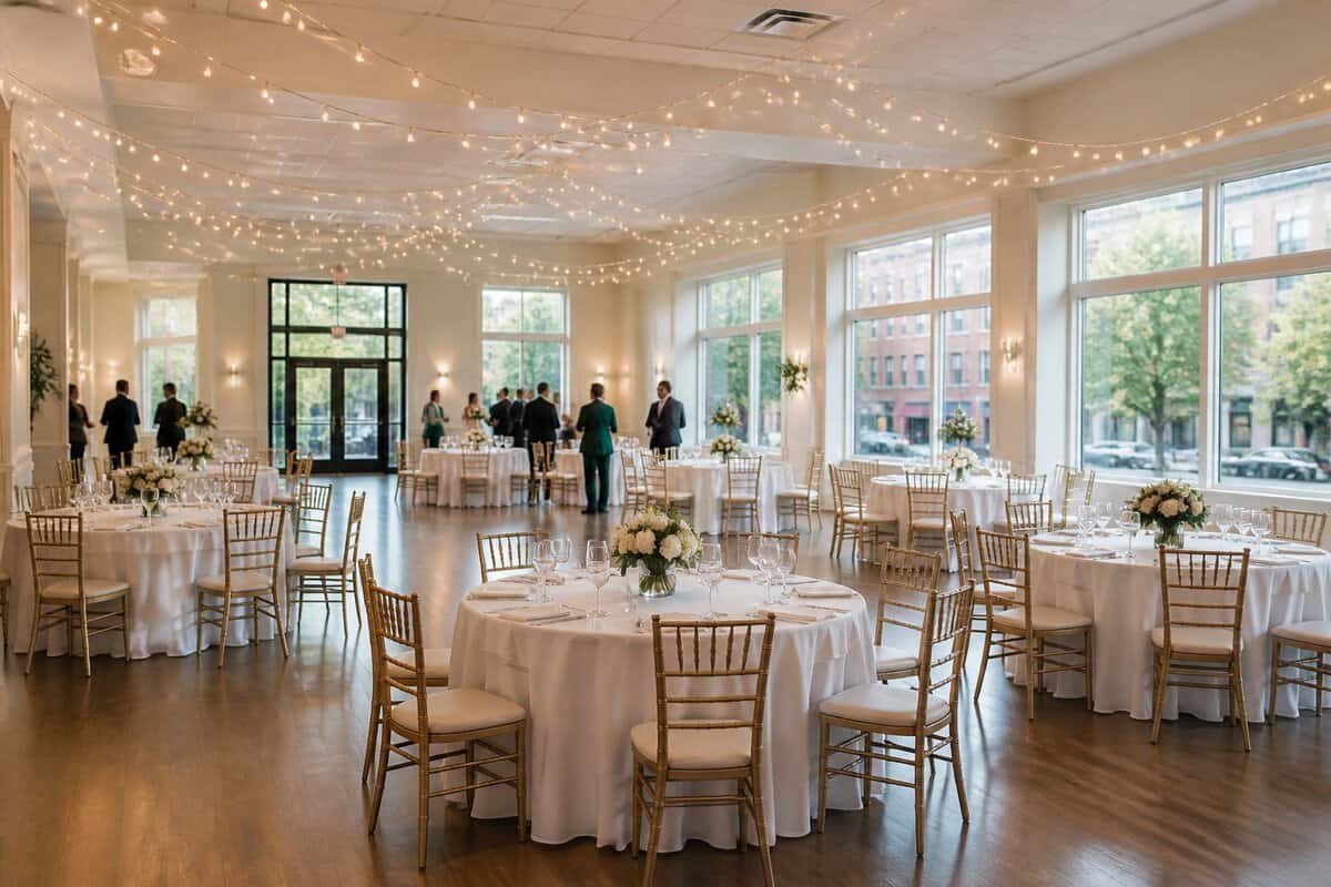 A spacious wedding reception hall with comfortably arranged tables and chairs for a moderate-sized guest group.