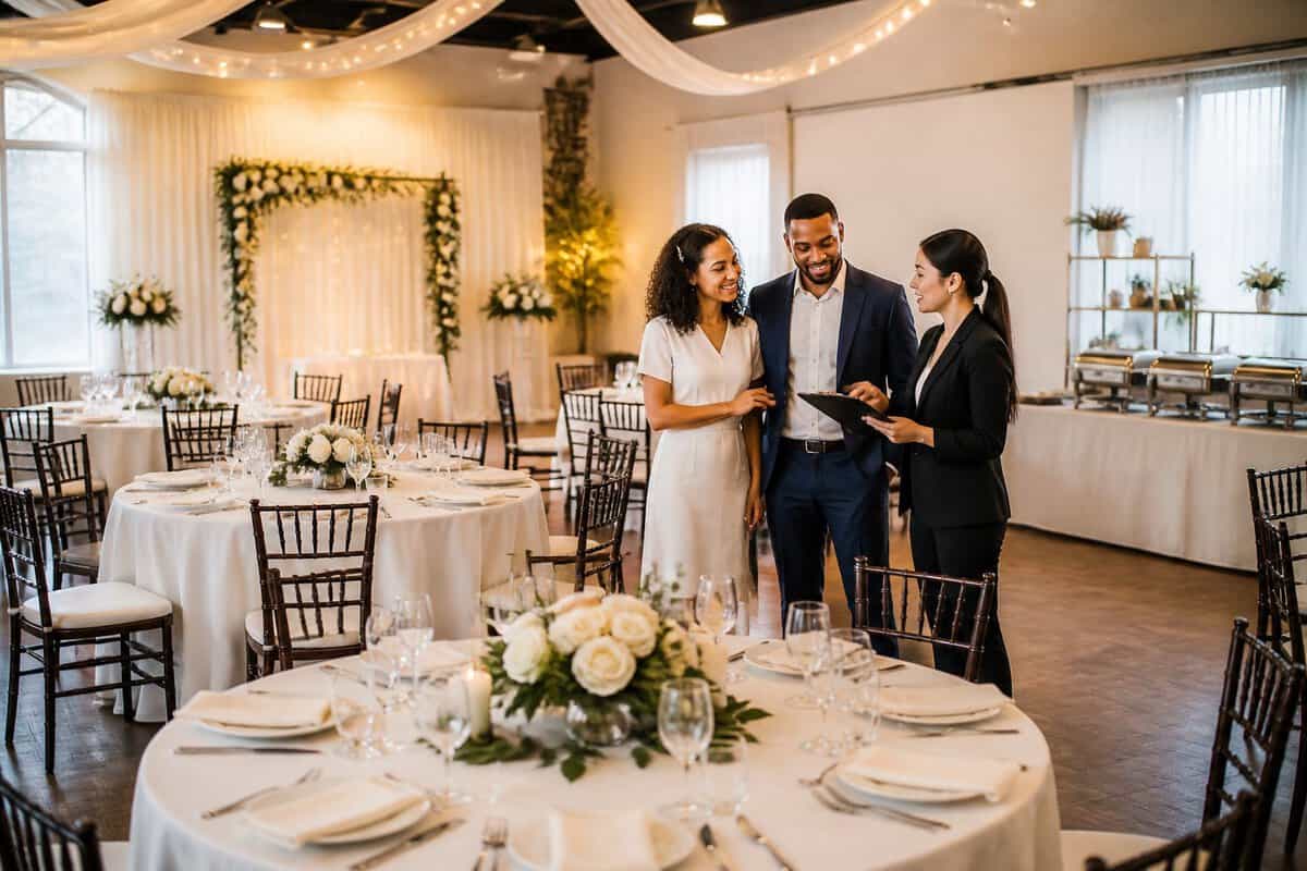 A couple and venue coordinator review an elegant, affordable wedding reception setup.