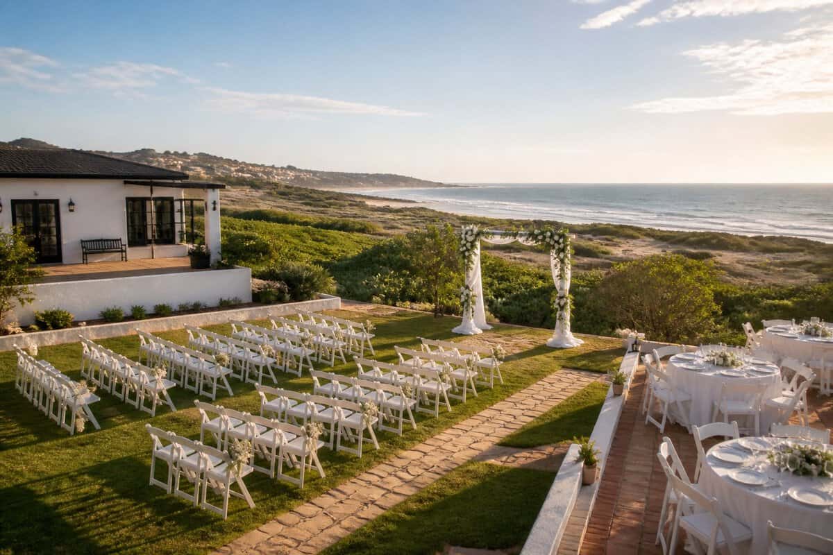 An affordable seaside wedding venue with white chairs, simple decorations, and a floral arch in a garden courtyard.