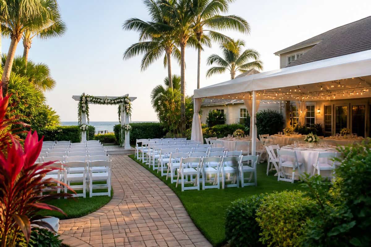 An elegant outdoor wedding venue with white chairs, a flower-decorated arbor, and a reception area surrounded by tropical landscaping.