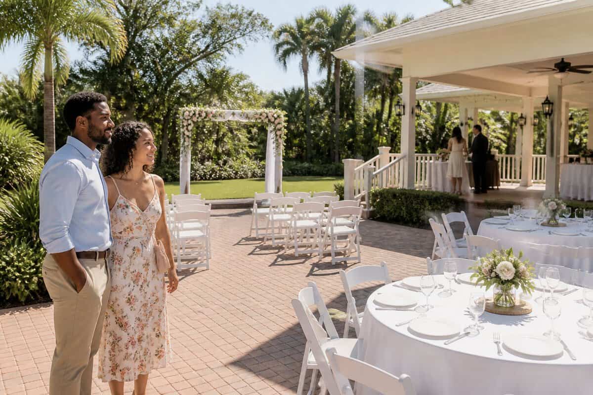 A couple and guests view a simple, elegant outdoor wedding venue with arranged chairs, tables, and Florida greenery.