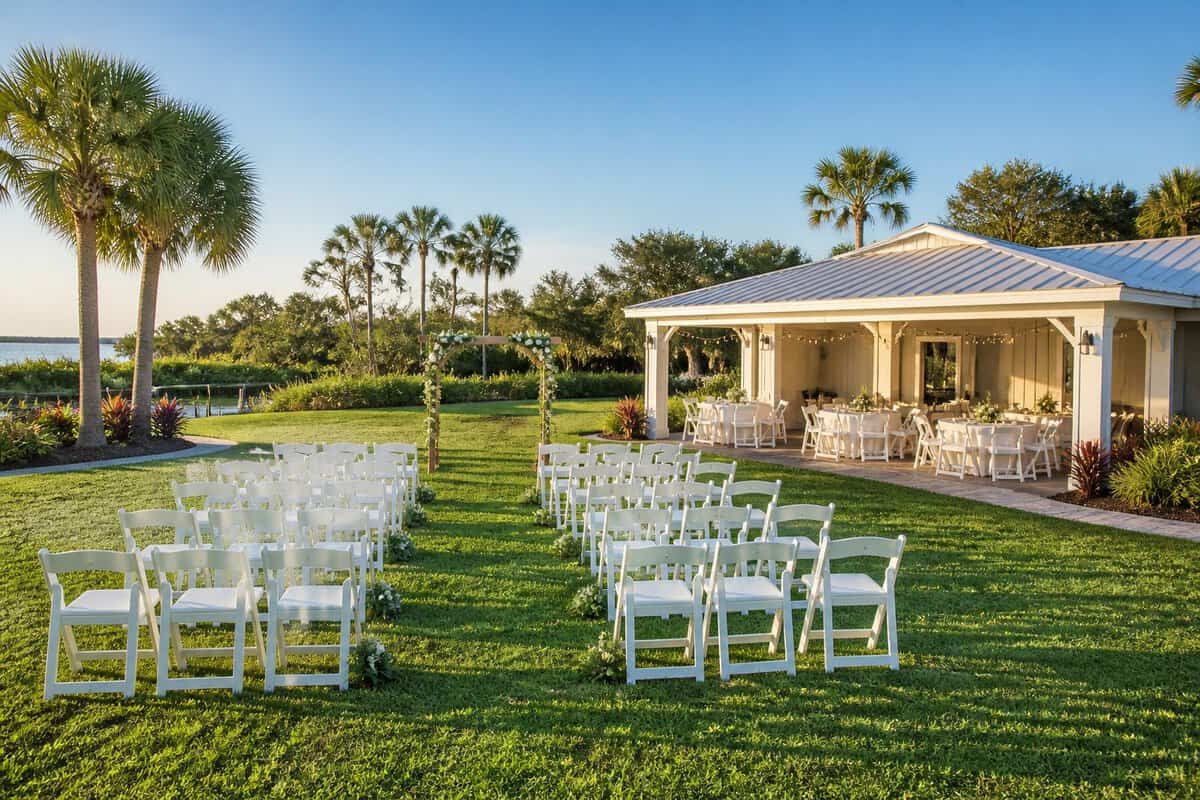 An outdoor wedding venue with white chairs, a floral arch, reception tables, and palm trees.