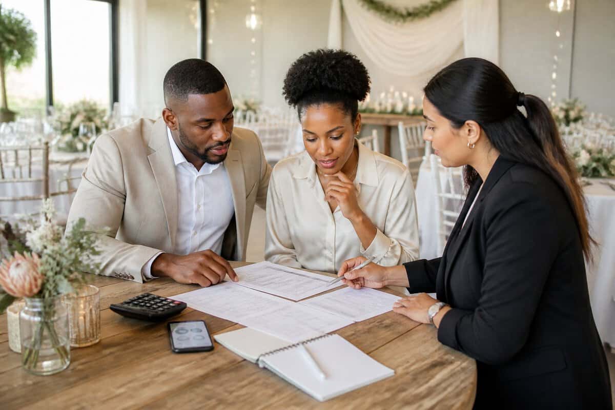 A couple reviews wedding venue quotes and a budget with a venue coordinator at a reception table.