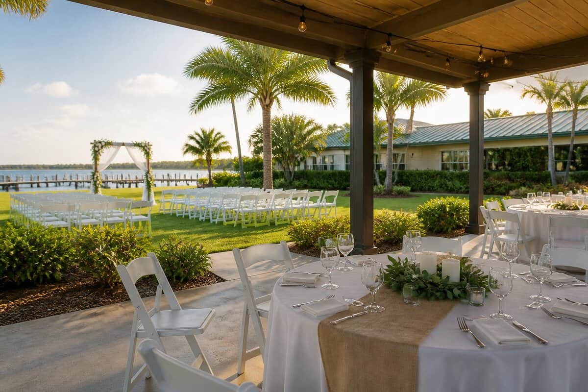 An affordable outdoor wedding venue with white chairs, a floral arch, and a covered reception area surrounded by greenery and palm trees.