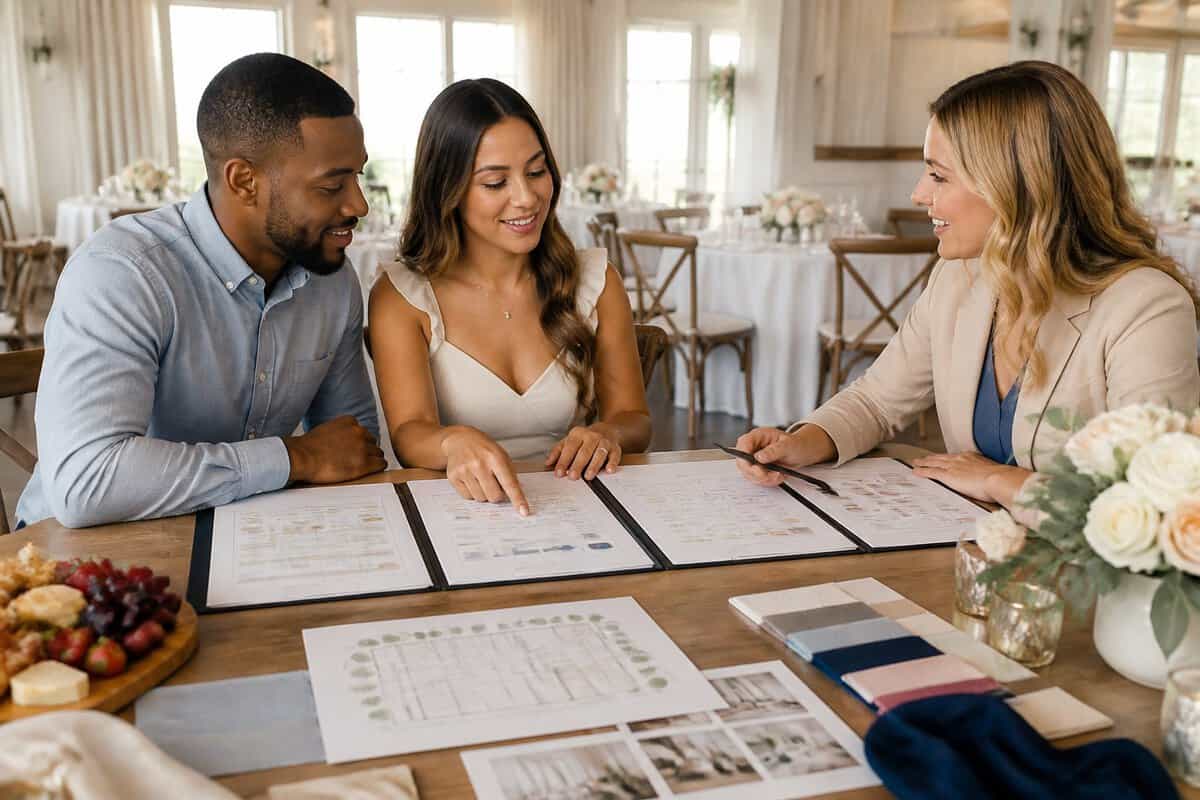A couple compares wedding venue packages with a coordinator at a consultation table.